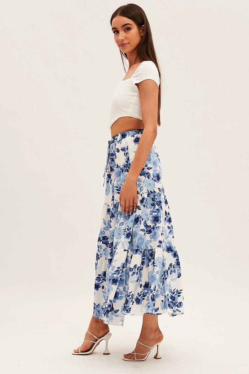Blue Floral Maxi Skirt High Rise Tiered sold by Ally Fashion product image thumbnail 4