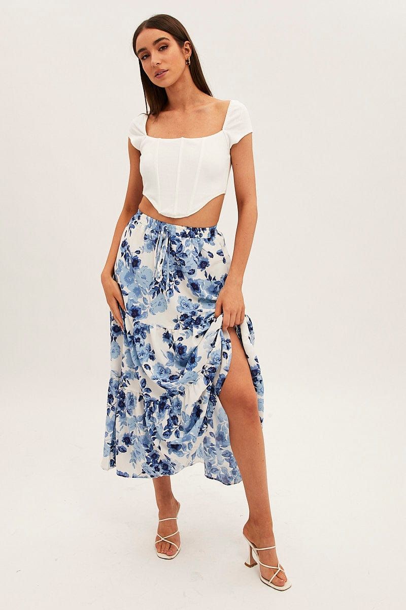 Blue Floral Maxi Skirt High Rise Tiered sold by Ally Fashion