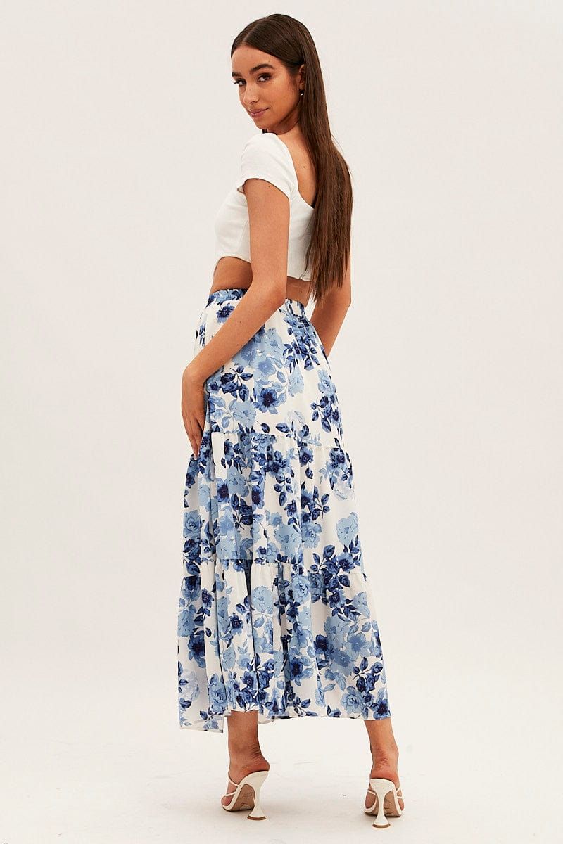 Blue Floral Maxi Skirt High Rise Tiered sold by Ally Fashion product image thumbnail 5