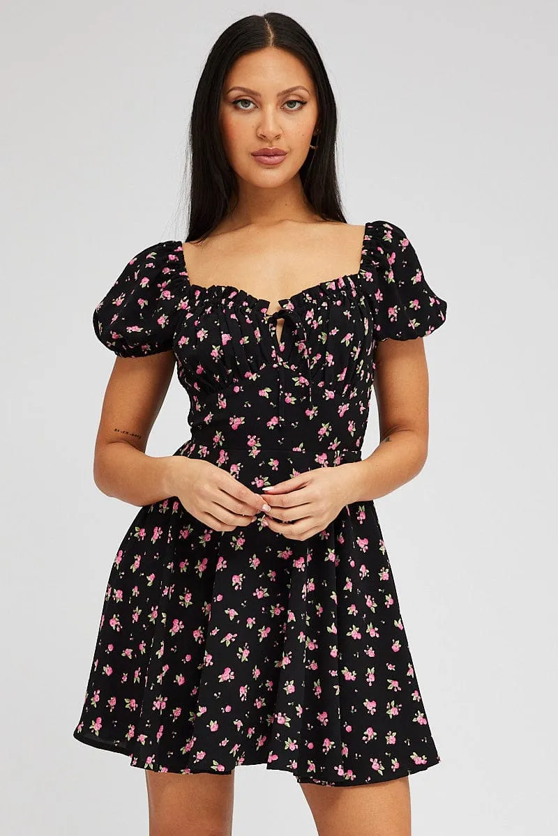 Black Floral Fit And Flare Dress Puff Sleeve Mini sold by Ally Fashion product image thumbnail 3
