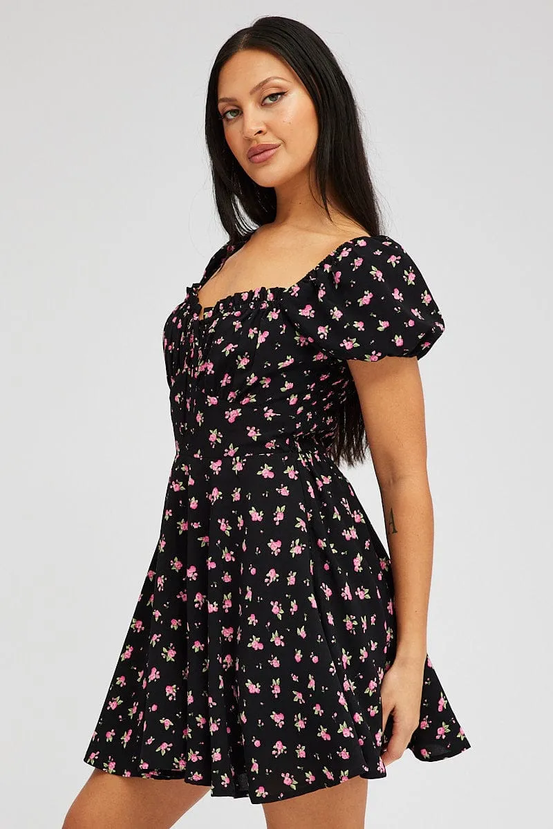 Black Floral Fit And Flare Dress Puff Sleeve Mini sold by Ally Fashion product image thumbnail 4