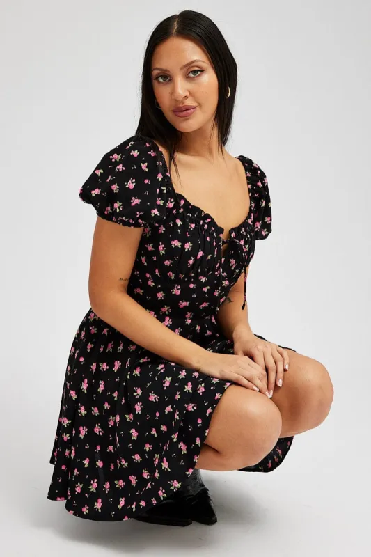 Black Floral Fit And Flare Dress Puff Sleeve Mini sold by Ally Fashion