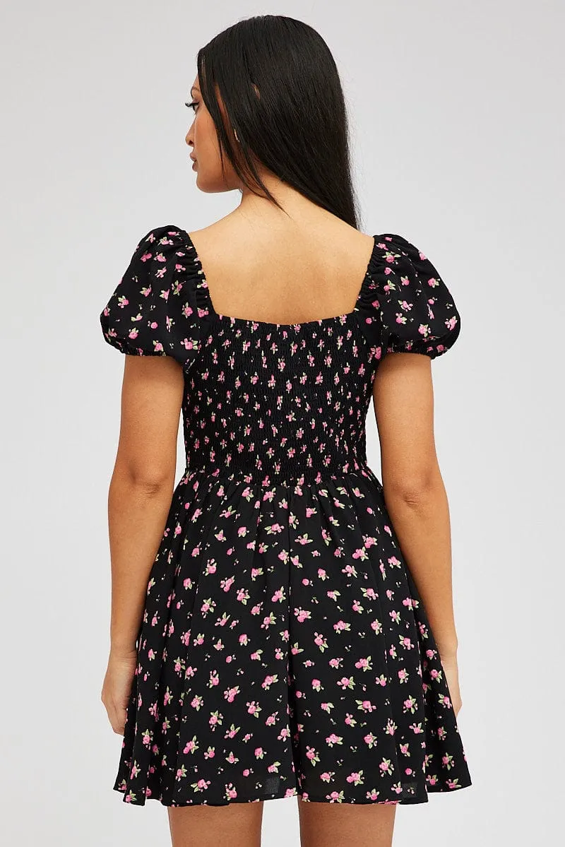 Black Floral Fit And Flare Dress Puff Sleeve Mini sold by Ally Fashion product image thumbnail 5