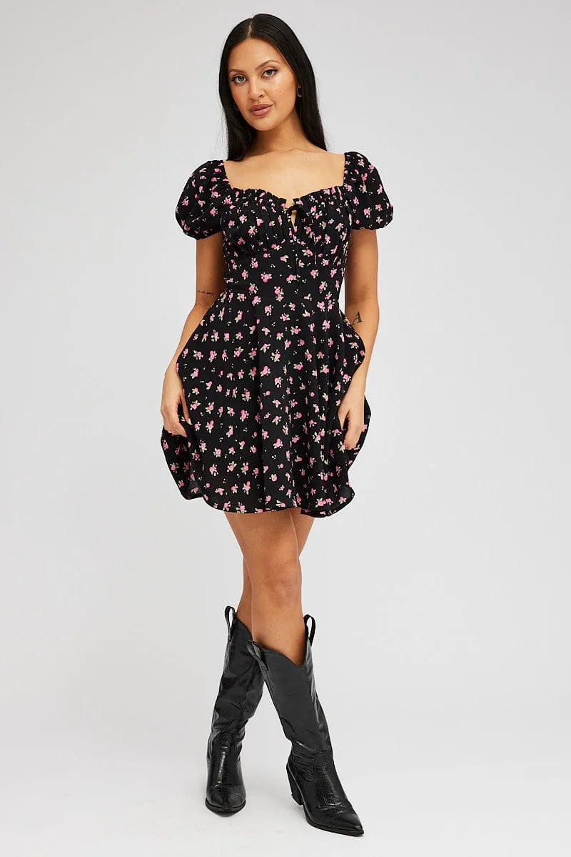 Black Floral Fit And Flare Dress Puff Sleeve Mini sold by Ally Fashion product image thumbnail 2
