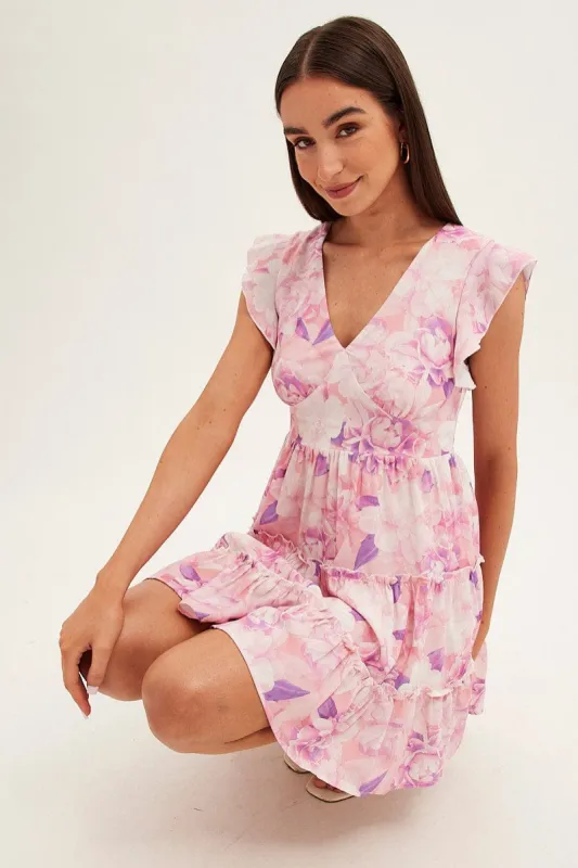 Pink Floral Fit And Flare Dress Sleeveless V-Neck sold by Ally Fashion