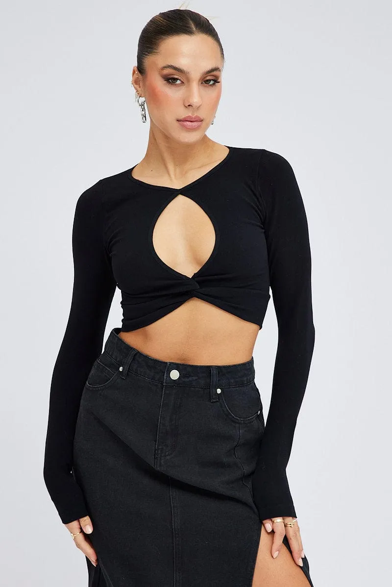 Black Cut Out Top Long Sleeve Crew Neck Seamless sold by Ally Fashion product image thumbnail 3