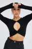 Black Cut Out Top Long Sleeve Crew Neck Seamless sold by Ally Fashion