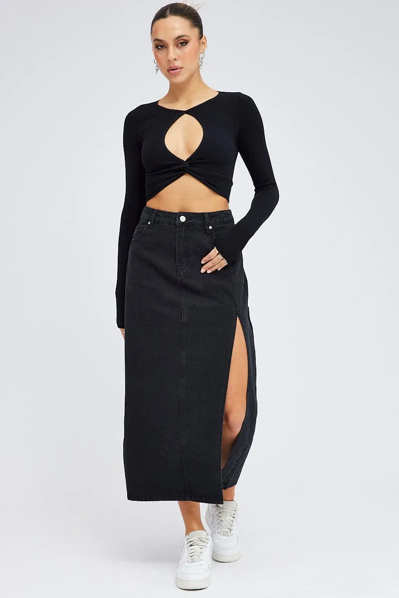 Black Cut Out Top Long Sleeve Crew Neck Seamless sold by Ally Fashion product image thumbnail 2