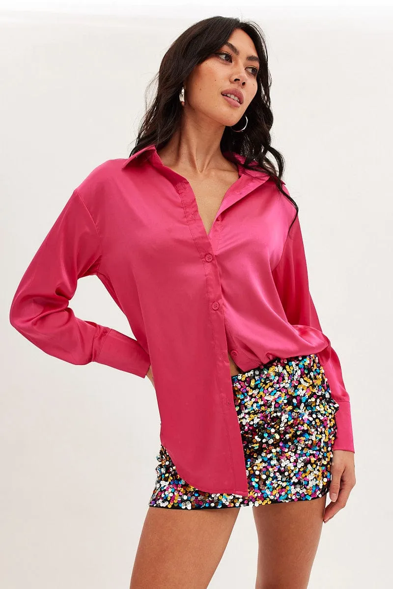 Pink Shirt Long Sleeve Collared Longline Satin sold by Ally Fashion product image thumbnail 3