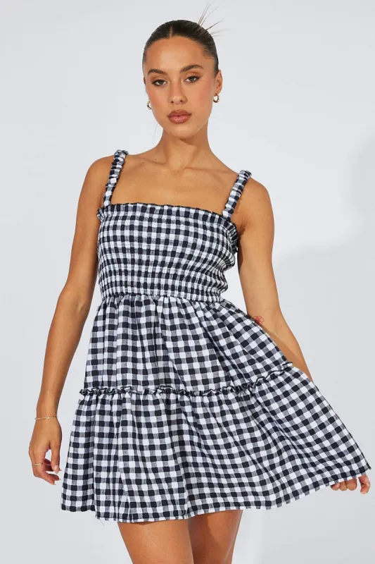 Black Check Fit And Flare Dress Shirred Bust Mini sold by Ally Fashion