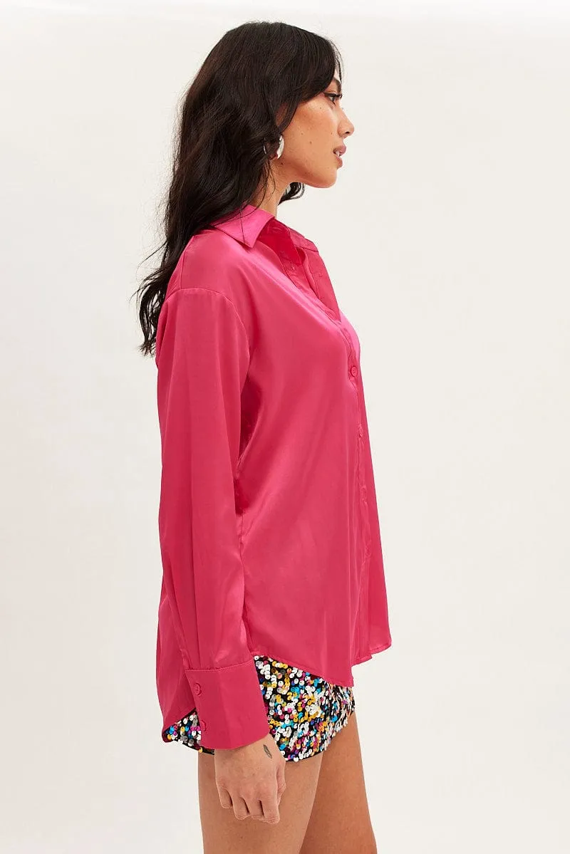 Pink Shirt Long Sleeve Collared Longline Satin sold by Ally Fashion product image thumbnail 4