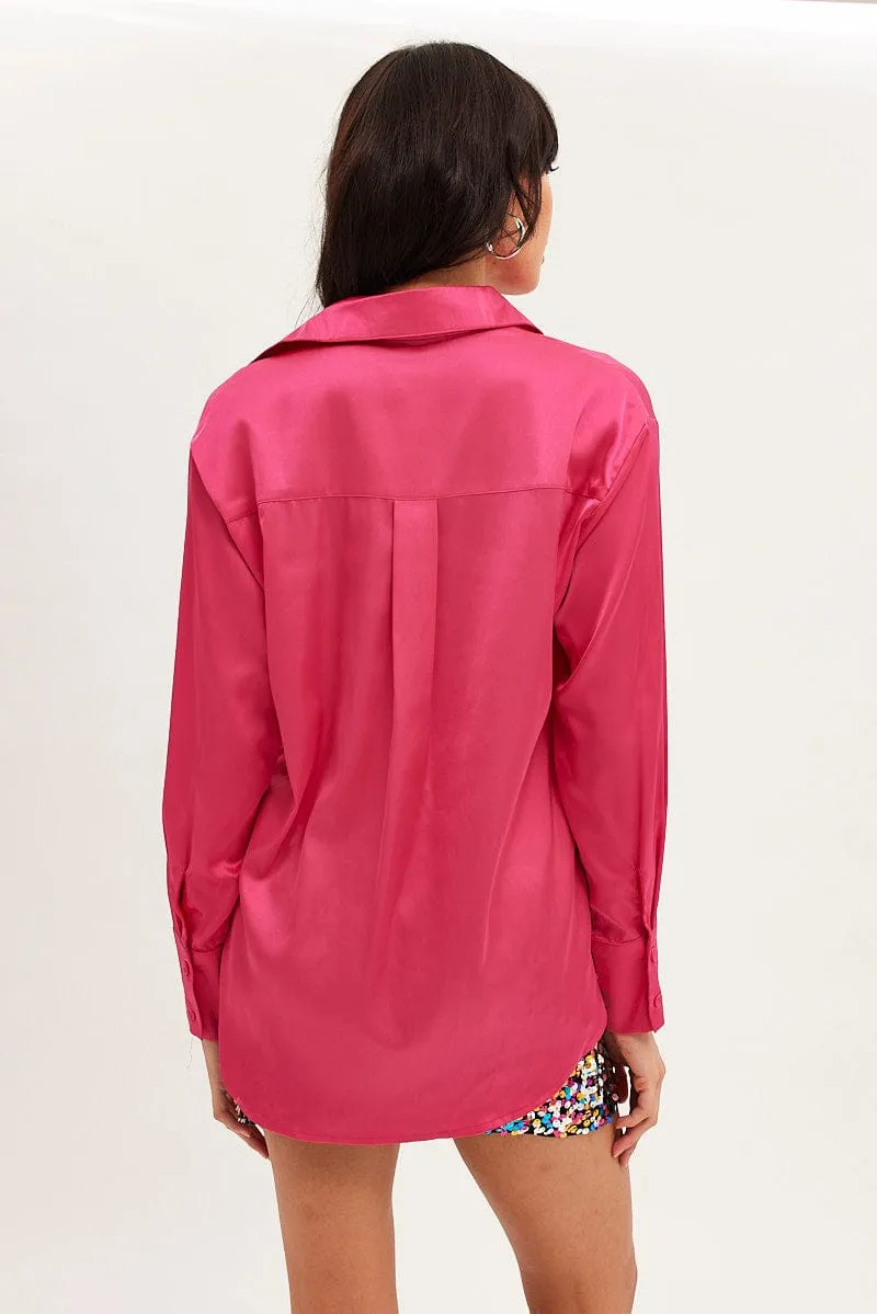 Pink Shirt Long Sleeve Collared Longline Satin sold by Ally Fashion product image thumbnail 5
