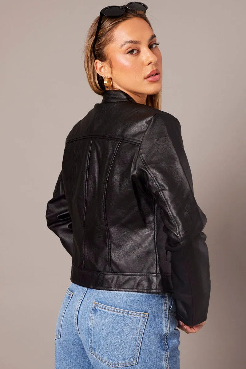 Black Jacket Long Sleeve Zip Faux Leather sold by Ally Fashion product image thumbnail 5