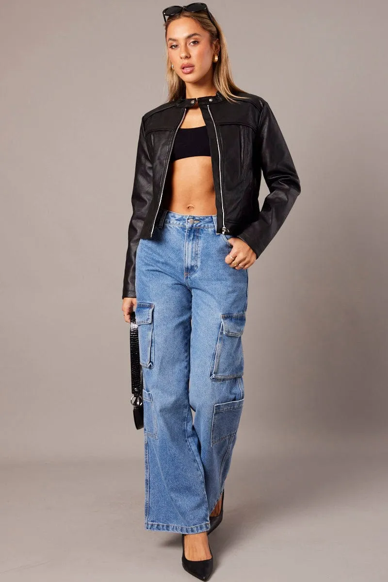 Black Jacket Long Sleeve Zip Faux Leather sold by Ally Fashion product image thumbnail 2