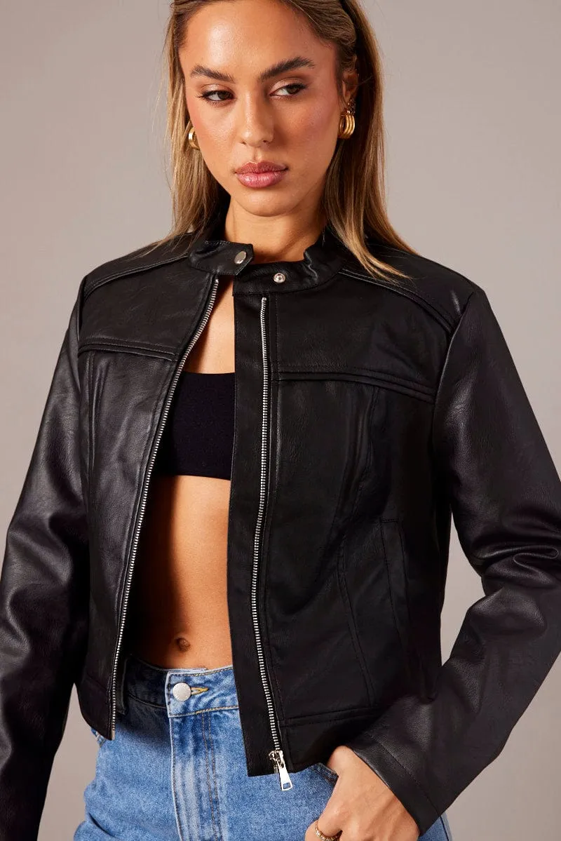 Black Jacket Long Sleeve Zip Faux Leather sold by Ally Fashion product image thumbnail 3