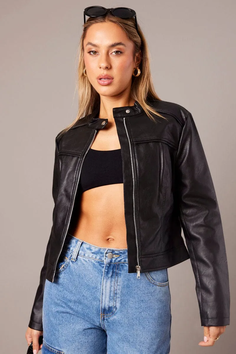 Black Jacket Long Sleeve Zip Faux Leather sold by Ally Fashion