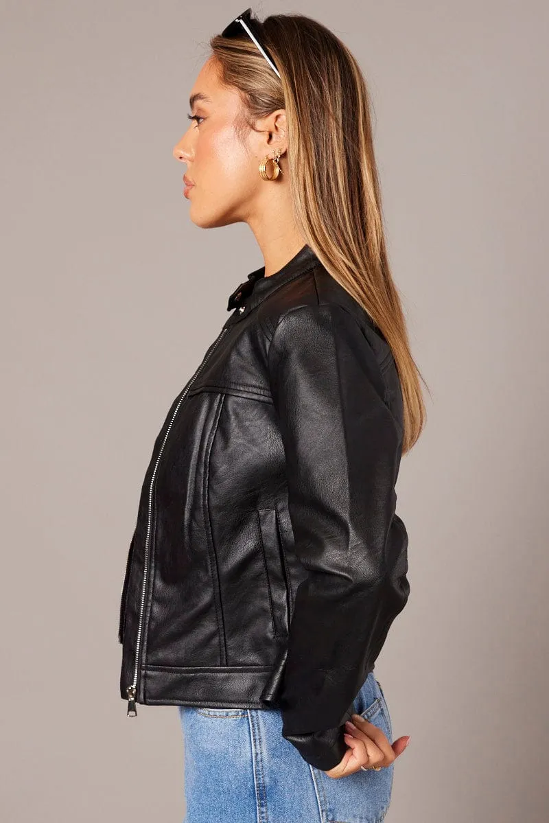 Black Jacket Long Sleeve Zip Faux Leather sold by Ally Fashion product image thumbnail 4