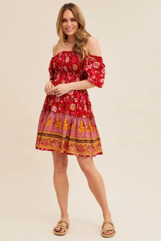 Red Boho Short Sleeve Boho Skater Dress sold by Ally Fashion