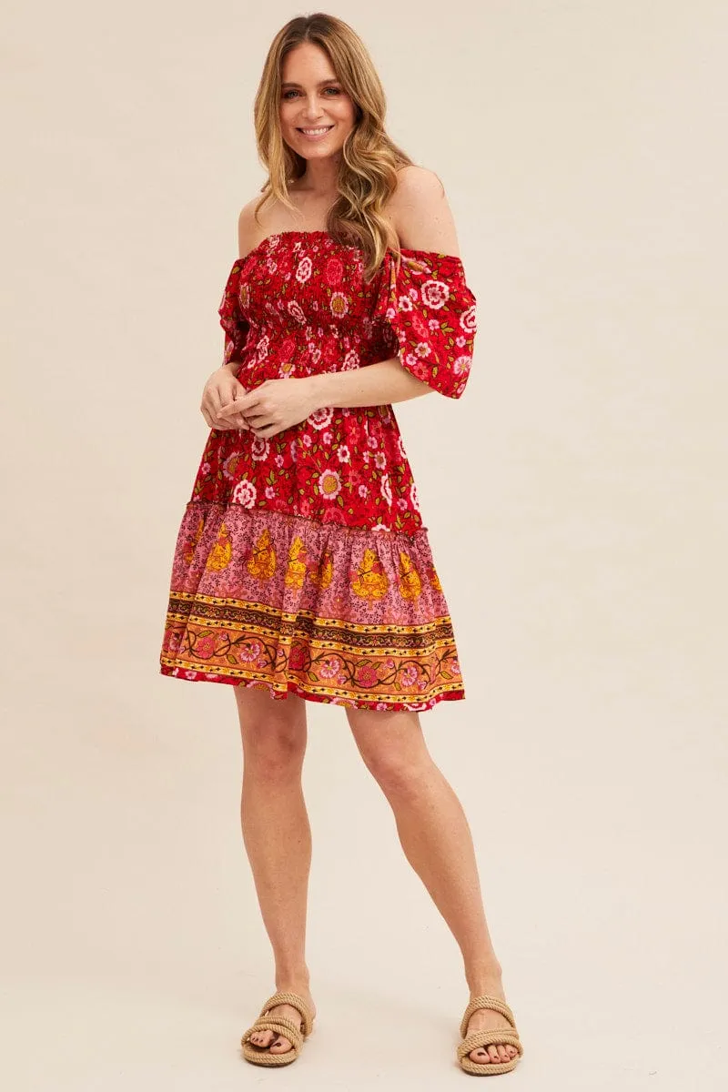 Red Boho Short Sleeve Boho Skater Dress sold by Ally Fashion