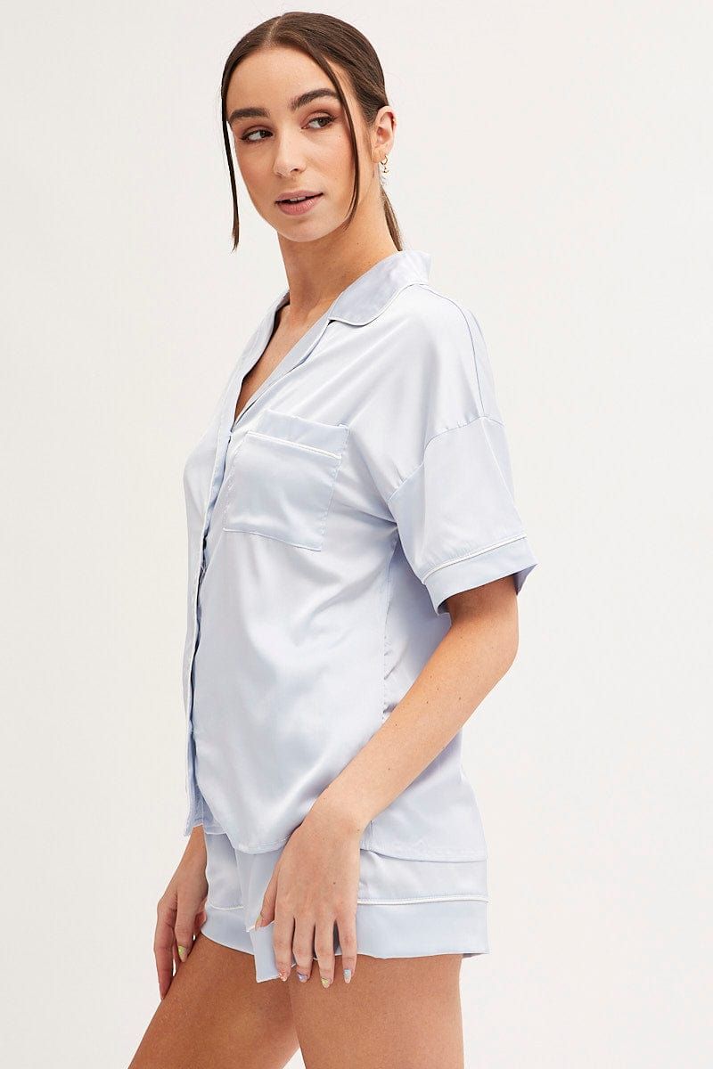 Blue Pyjamas Set Short Sleeve Collared Shorts Satin sold by Ally Fashion product image thumbnail 4