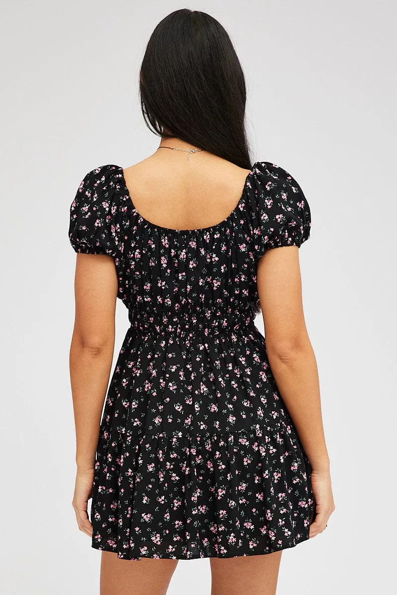 Black Floral Fit And Flare Dress Puff Sleeve Mini sold by Ally Fashion product image thumbnail 5