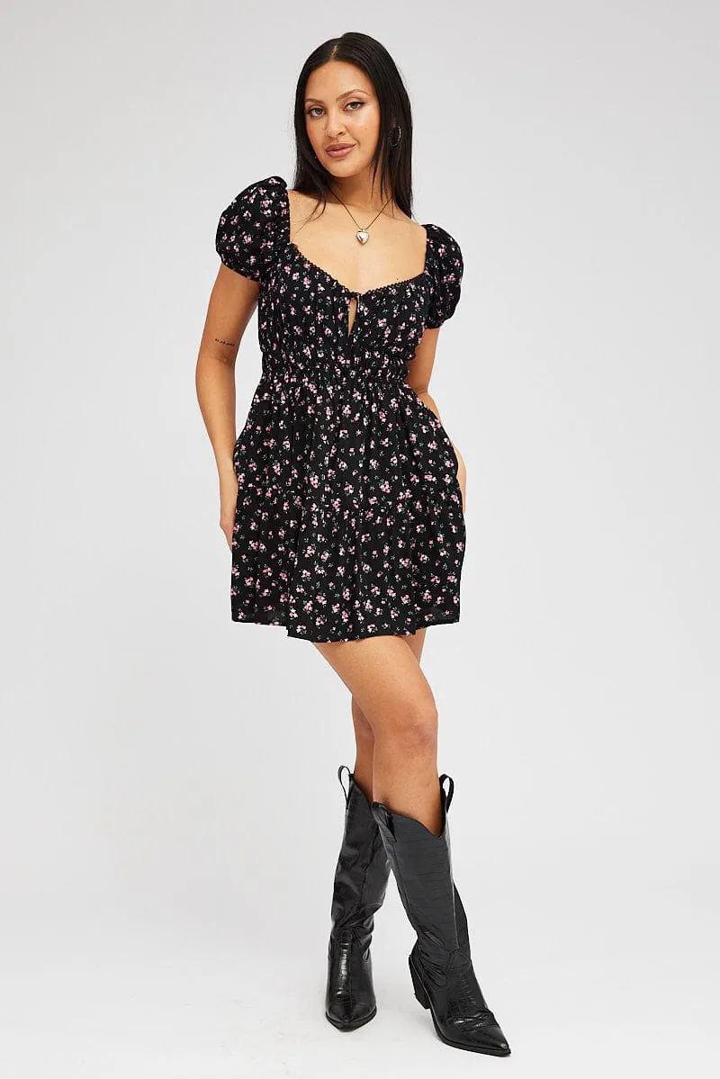 Black Floral Fit And Flare Dress Puff Sleeve Mini sold by Ally Fashion product image thumbnail 2