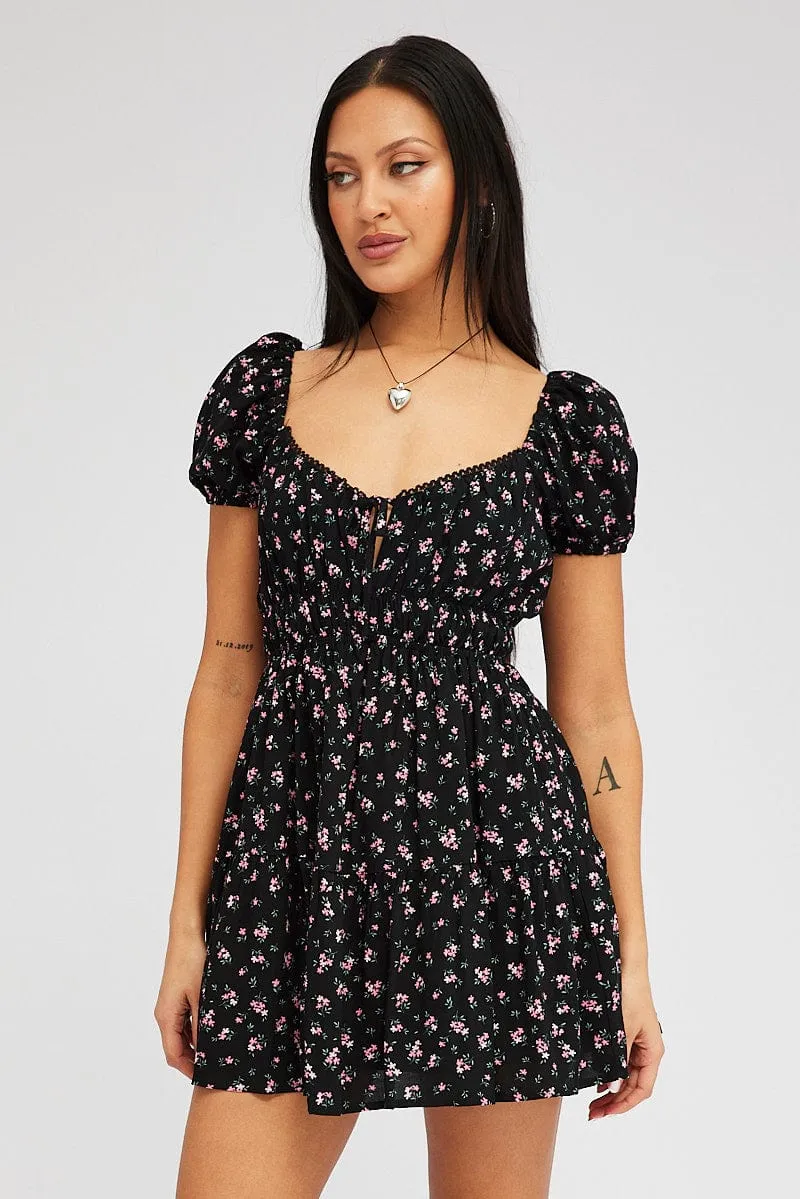 Black Floral Fit And Flare Dress Puff Sleeve Mini sold by Ally Fashion product image thumbnail 3