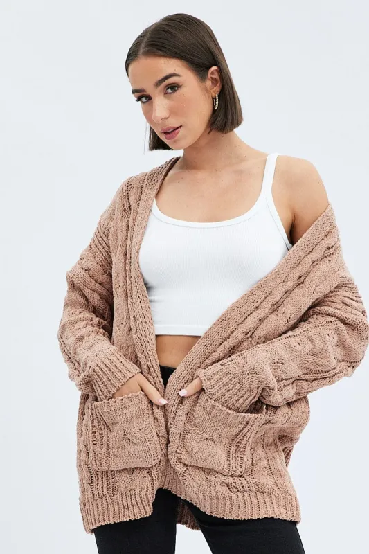 Camel Longline Cable Knit Cardigan sold by Ally Fashion