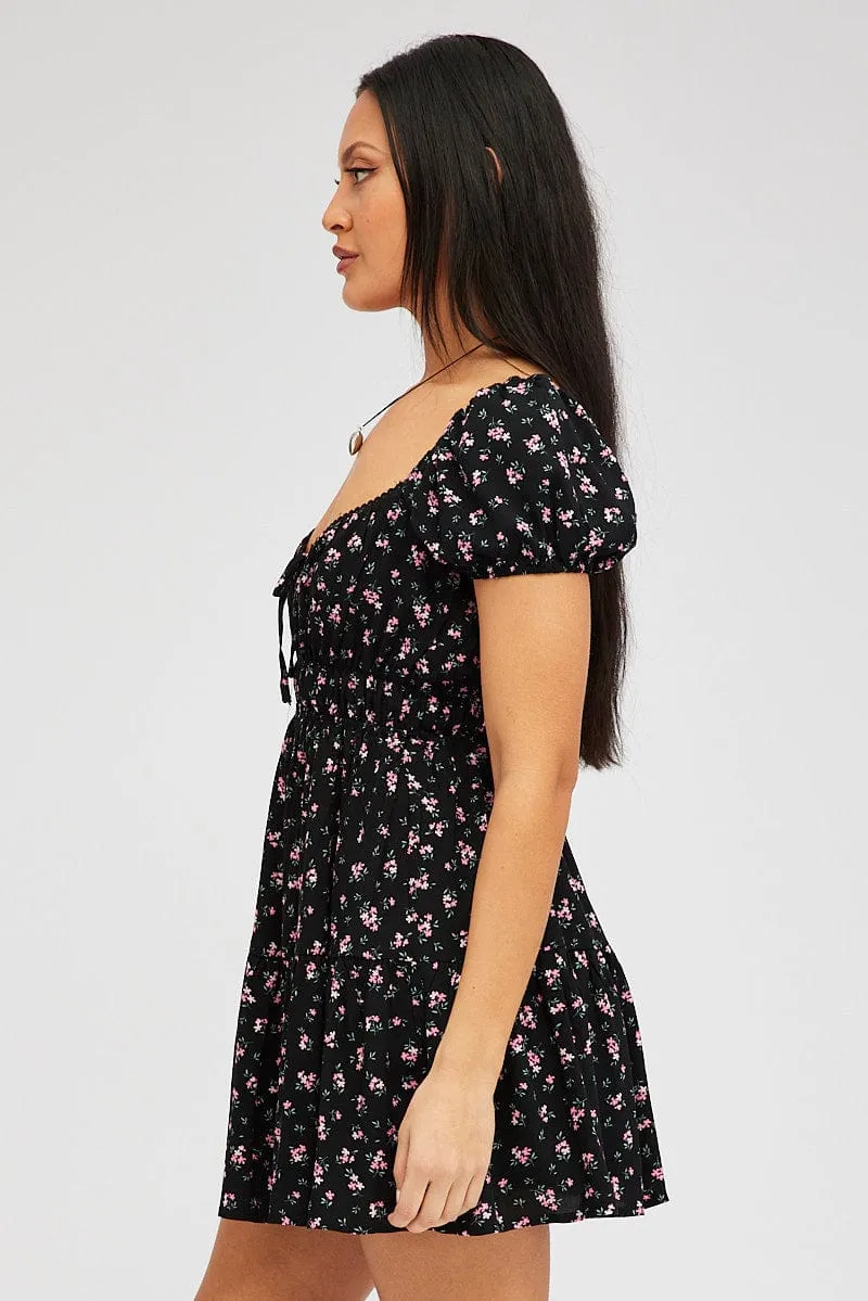 Black Floral Fit And Flare Dress Puff Sleeve Mini sold by Ally Fashion product image thumbnail 4