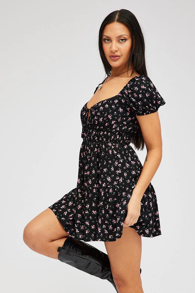 Black Floral Fit And Flare Dress Puff Sleeve Mini sold by Ally Fashion