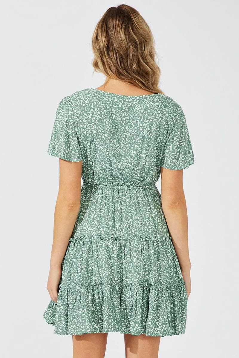 Green Ditsy Fit And Flare Dress V-neck Mini sold by Ally Fashion product image thumbnail 5