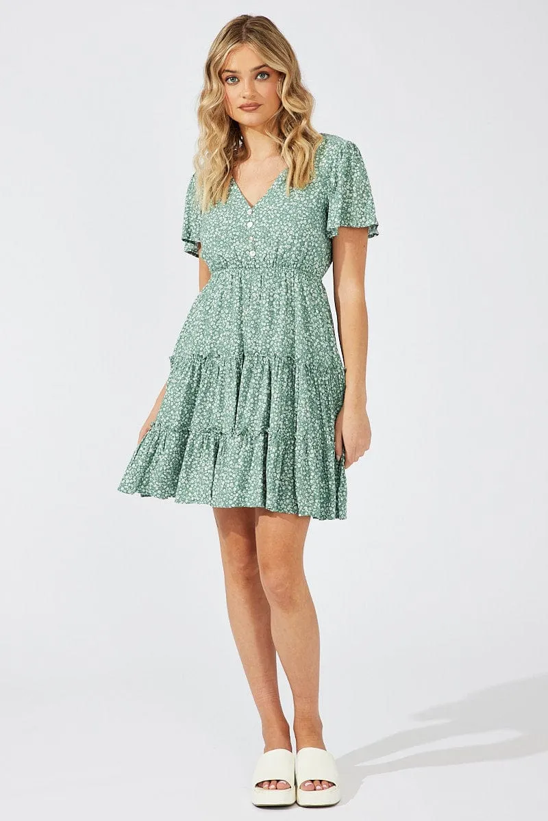 Green Ditsy Fit And Flare Dress V-neck Mini sold by Ally Fashion product image thumbnail 2