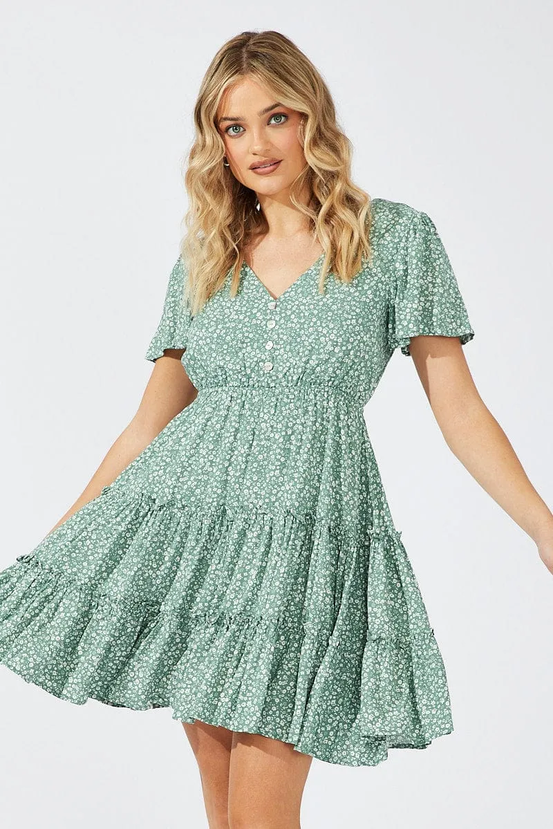 Green Ditsy Fit And Flare Dress V-neck Mini sold by Ally Fashion product image thumbnail 3