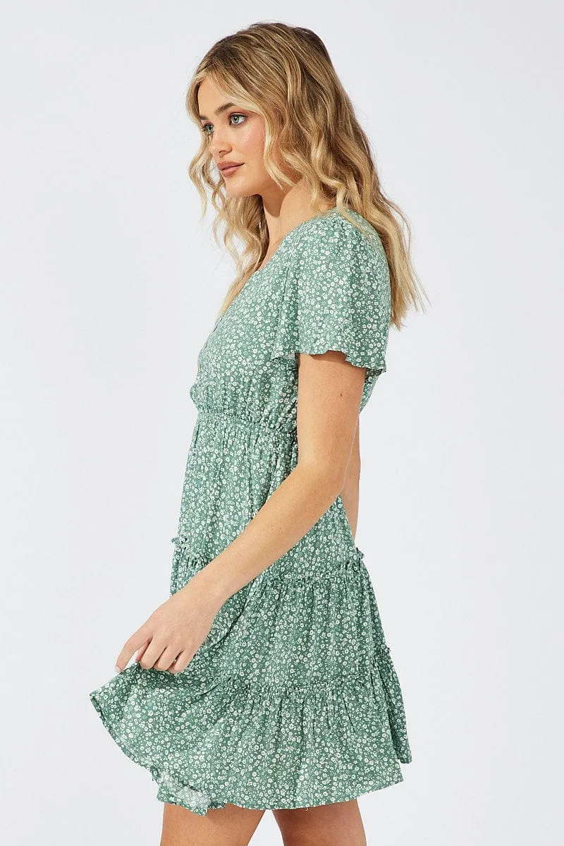 Green Ditsy Fit And Flare Dress V-neck Mini sold by Ally Fashion product image thumbnail 4