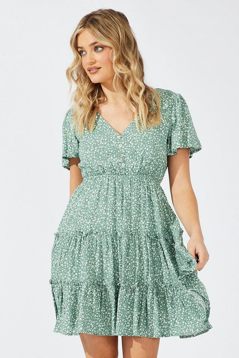 Green Ditsy Fit And Flare Dress V-neck Mini sold by Ally Fashion