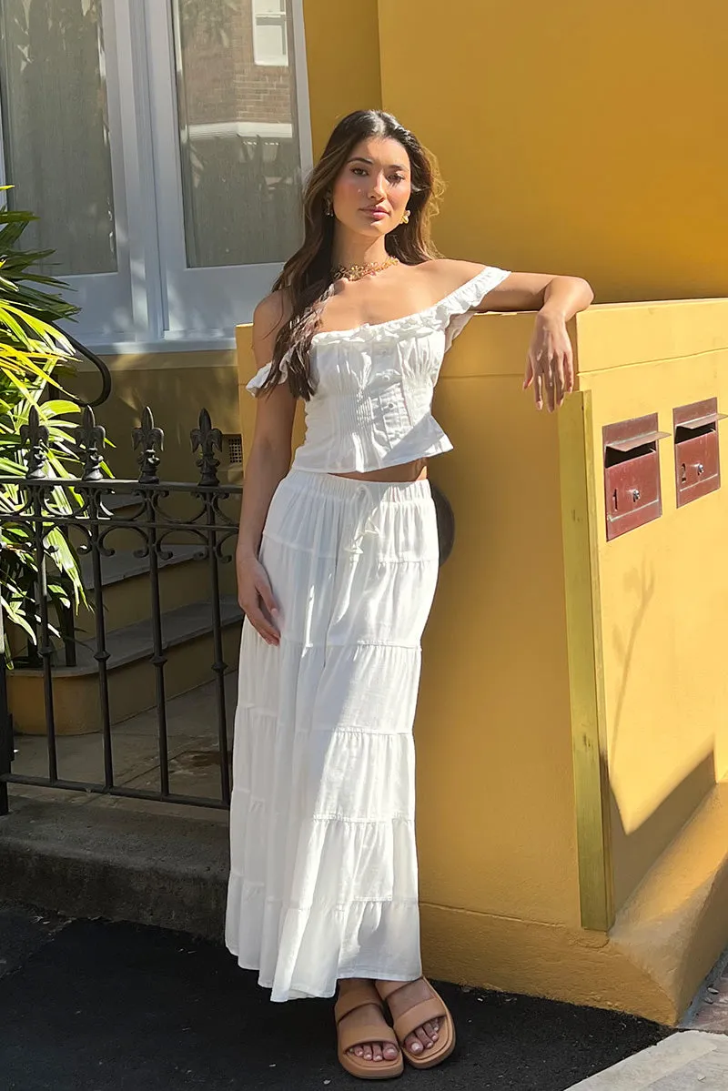 White Maxi Skirt Tiered High Rise Linen Blend sold by Ally Fashion