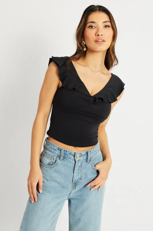 Black Ruffle Neck Top Sleeveless Supersoft sold by Ally Fashion