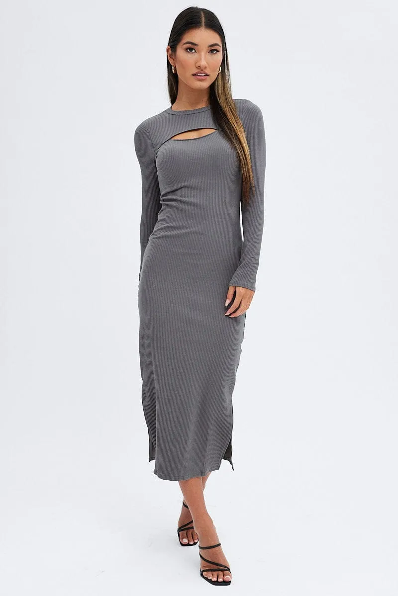 Grey Midi Dress Long Sleeve Mock Neck Cut Out Bodycon sold by Ally Fashion product image thumbnail 3