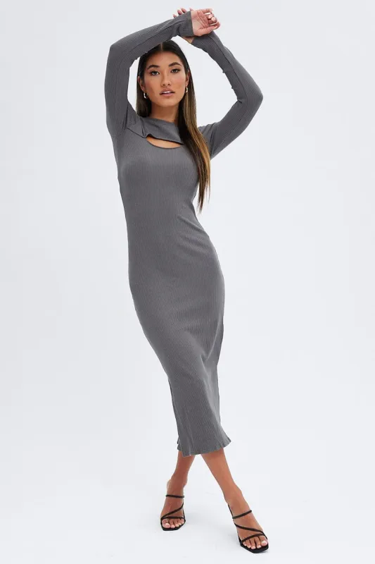 Grey Midi Dress Long Sleeve Mock Neck Cut Out Bodycon sold by Ally Fashion