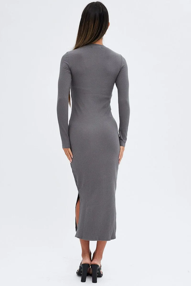 Grey Midi Dress Long Sleeve Mock Neck Cut Out Bodycon sold by Ally Fashion product image thumbnail 5