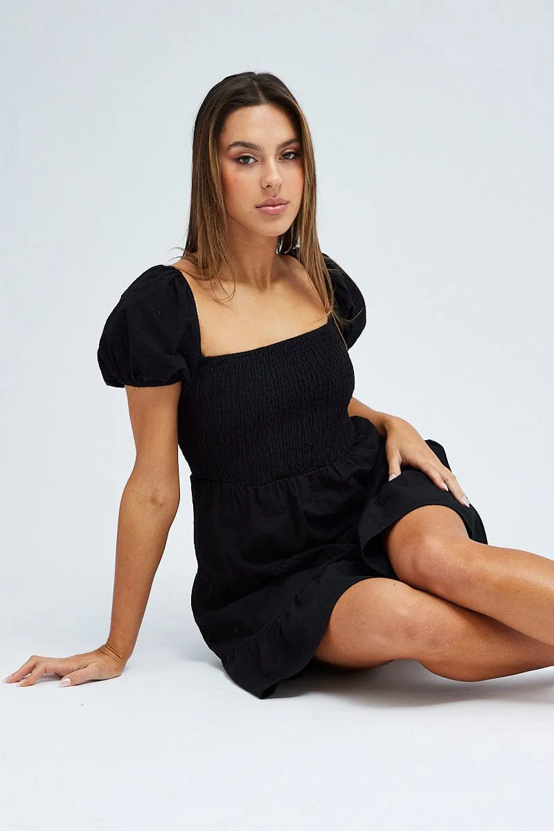 Black Fit and Flare Dress Short Sleeve Shirred sold by Ally Fashion