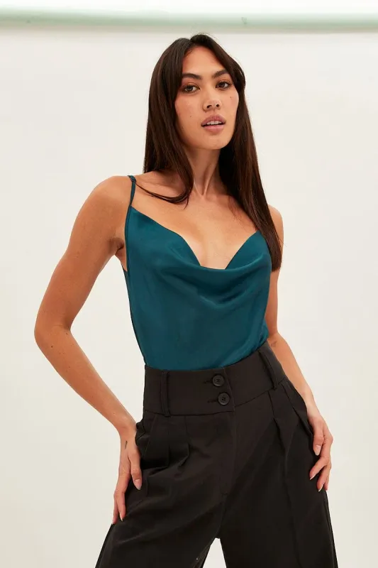 Blue Cowl Neck Satin Bodysuit sold by Ally Fashion