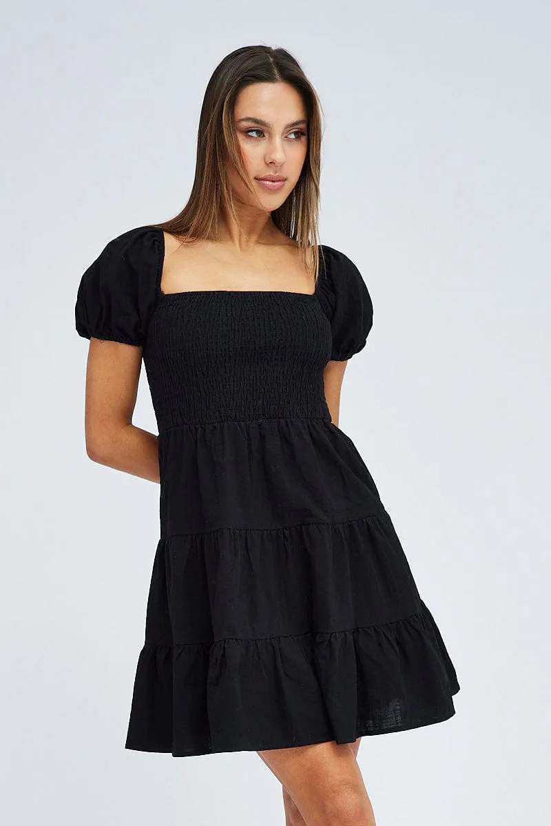 Black Fit and Flare Dress Short Sleeve Shirred sold by Ally Fashion product image thumbnail 3