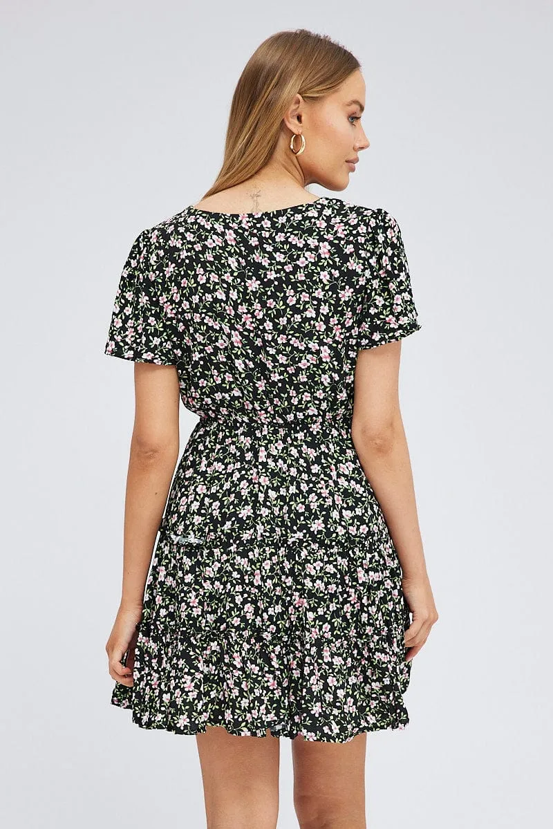 Black Floral Fit And Flare Dress Short Sleeve Mini sold by Ally Fashion product image thumbnail 5