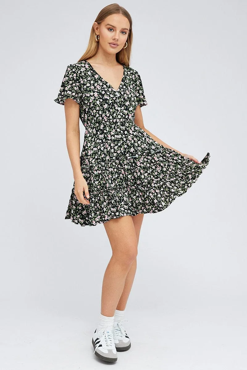 Black Floral Fit And Flare Dress Short Sleeve Mini sold by Ally Fashion product image thumbnail 2