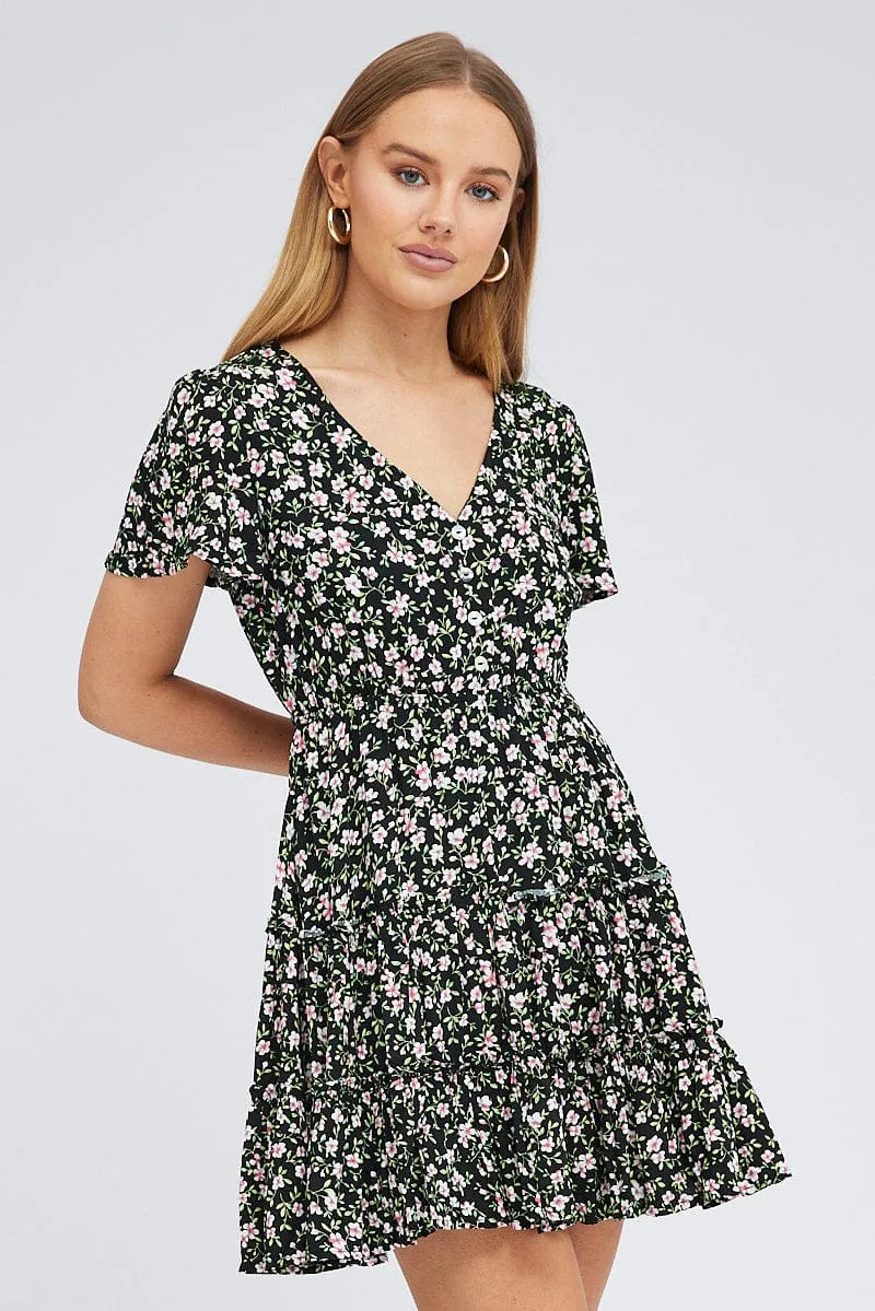 Black Floral Fit And Flare Dress Short Sleeve Mini sold by Ally Fashion product image thumbnail 3