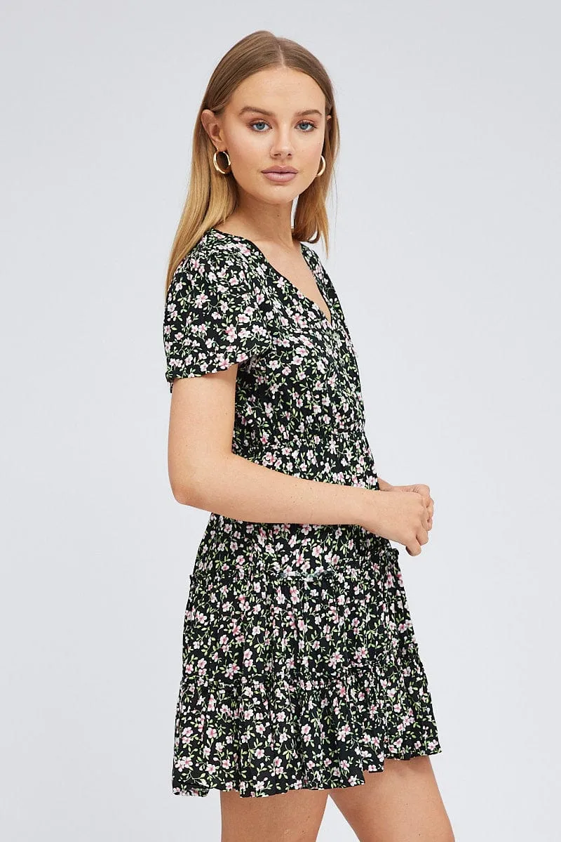 Black Floral Fit And Flare Dress Short Sleeve Mini sold by Ally Fashion product image thumbnail 4