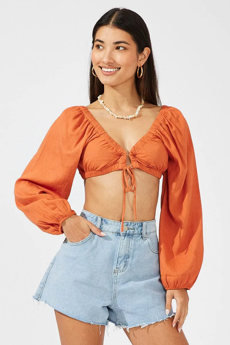 Beige Tie Crop Top Long Sleeve sold by Ally Fashion