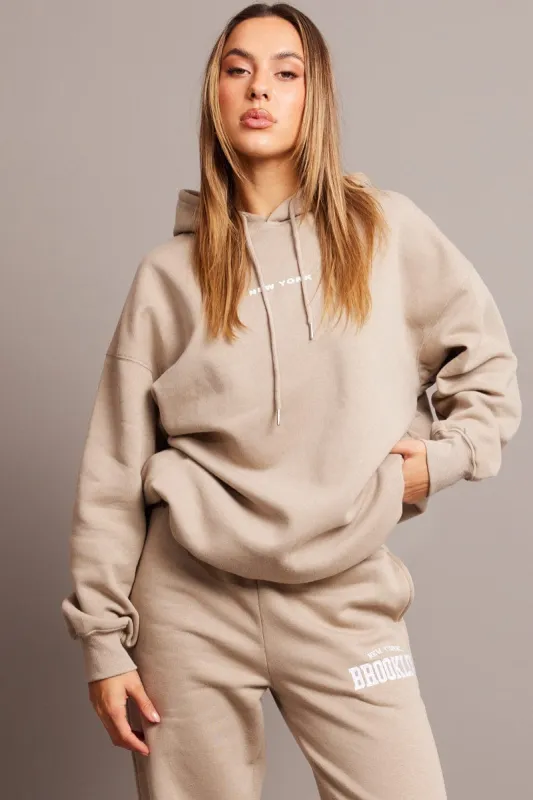 Beige Graphic Hoodie Long Sleeve sold by Ally Fashion