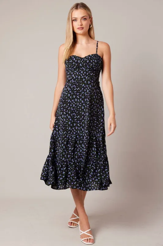 Black Floral Midi Dress Strappy sold by Ally Fashion